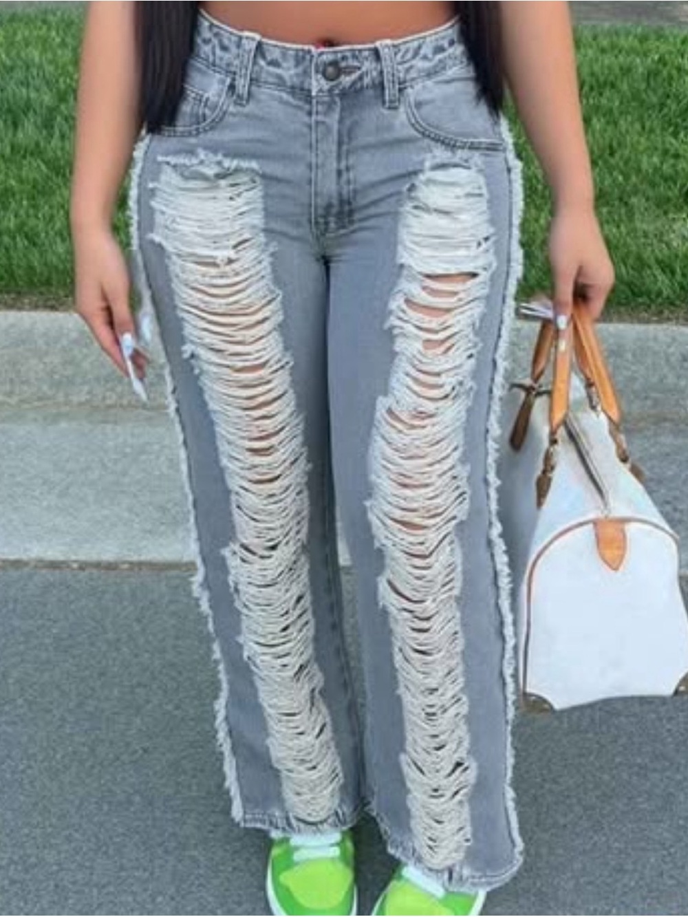 Distressed High-Waist Gray Patchwork Jeans